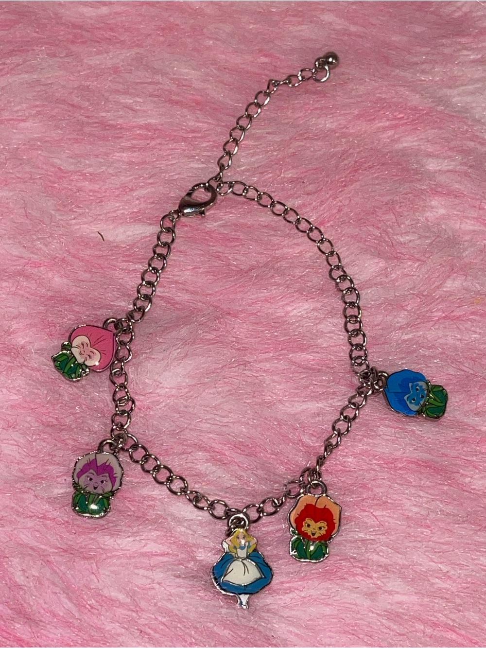 Alice in wonderland disney flowers rose Lolita silver charm bracelet floral